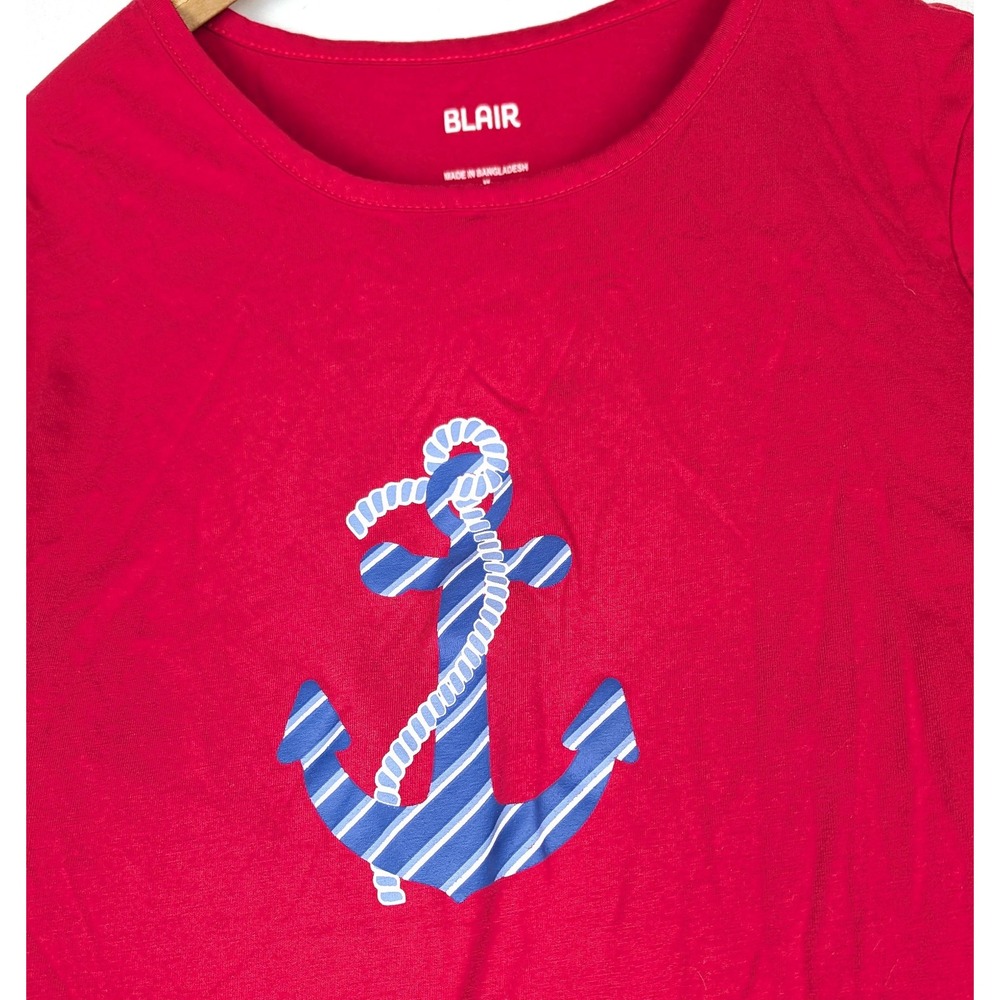 Blair Womens Medium Anchor Nautical Print 3/4 Sleeve Knit Top Red White Blue Y2K